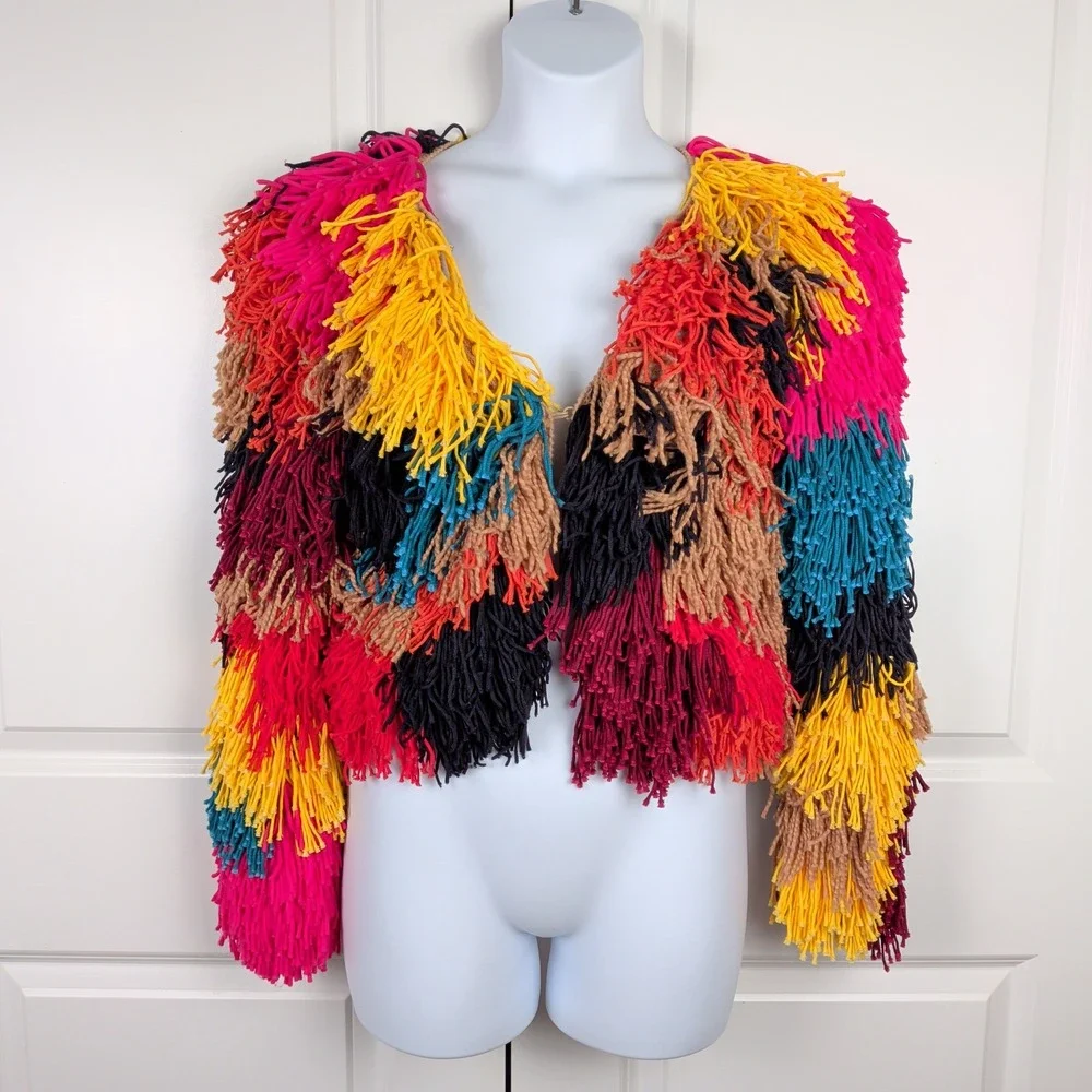 Alice + Olivia Fawn Rainbow Fringe Knit Jacket Shaggy Fringe Cardigan Festival